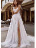 Bow Tulle Straps Ivory Lace Split Wedding Dress